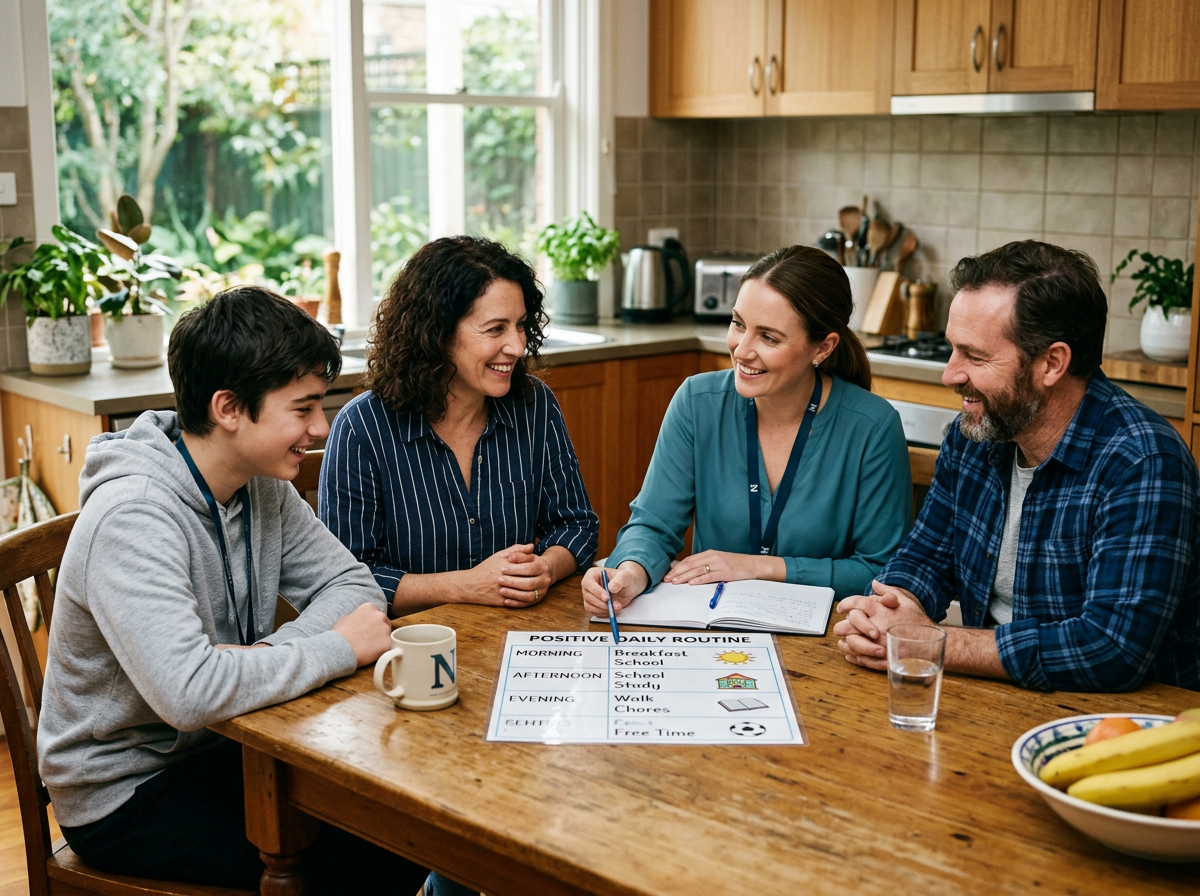 Behaviour support practitioner collaborating with family on a positive routine Westmead Universal Ability