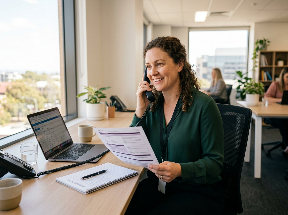 Support coordinator working with NDIS participant on a phone call Westmead Universal Ability