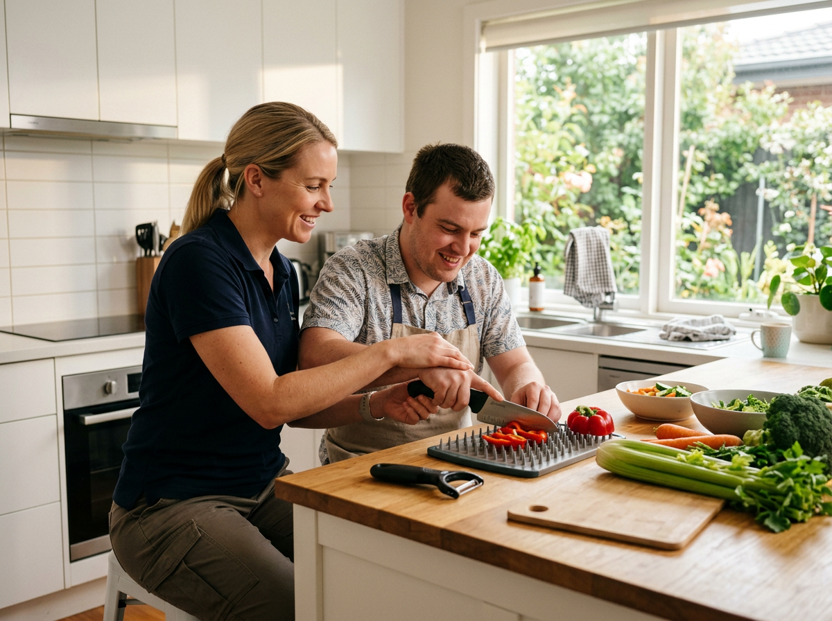 Therapy assistant supporting a participant with meal preparation Westmead Universal Ability